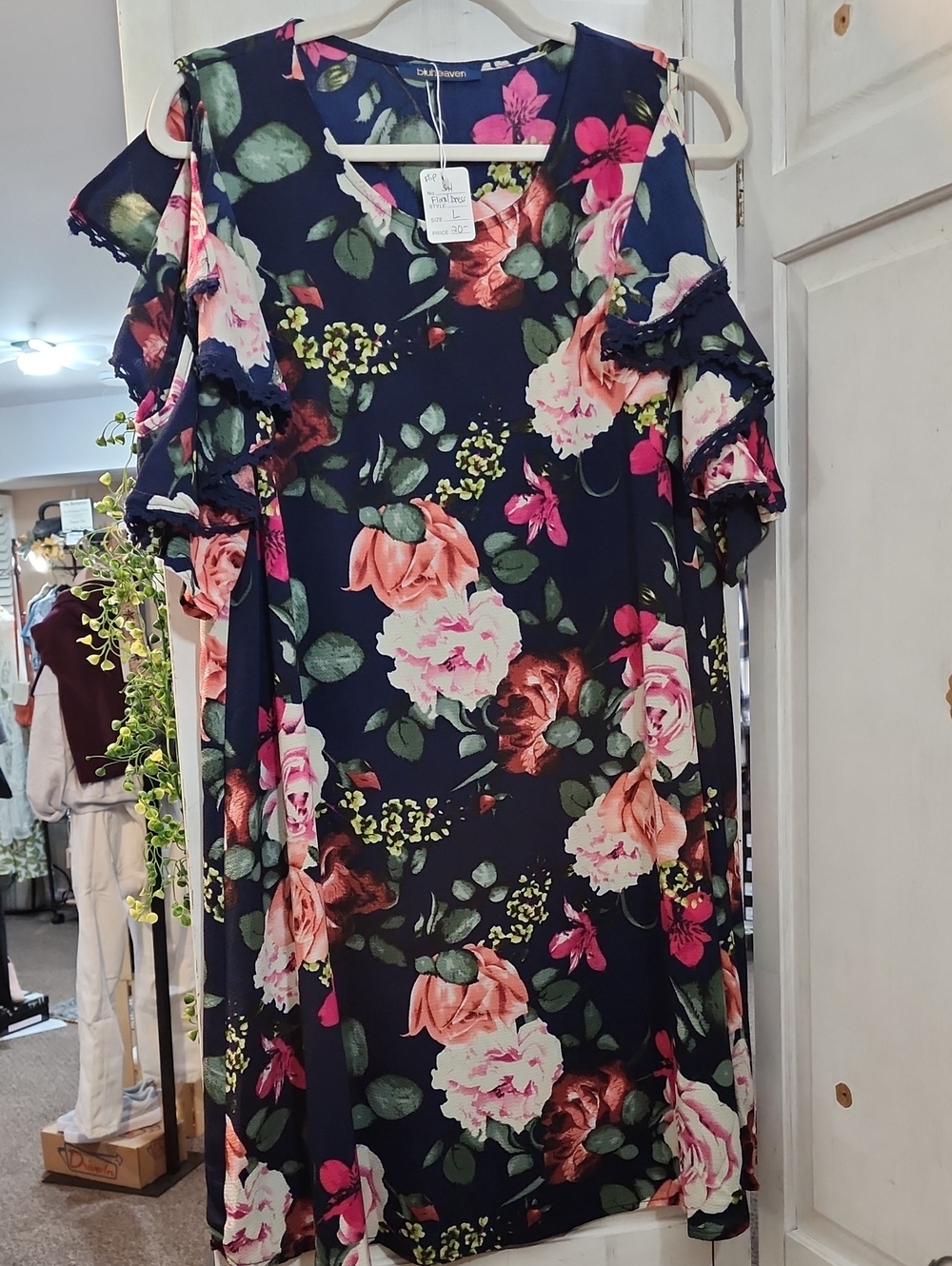 Floral Cold-Shoulder Midi Dress in Navy with Pink Roses